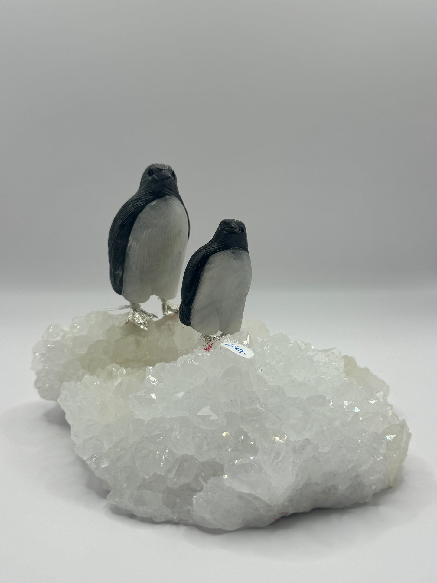 Obsidian Mother & Baby Penguin On Quartz Cluster Home Decor