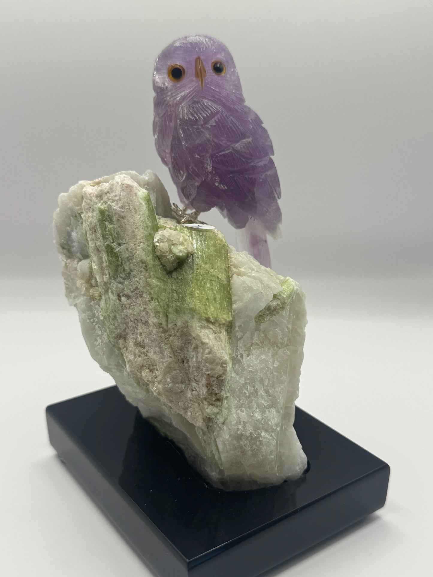 Amethyst Owl On Quartz Tourmaline Cluster Home Decor