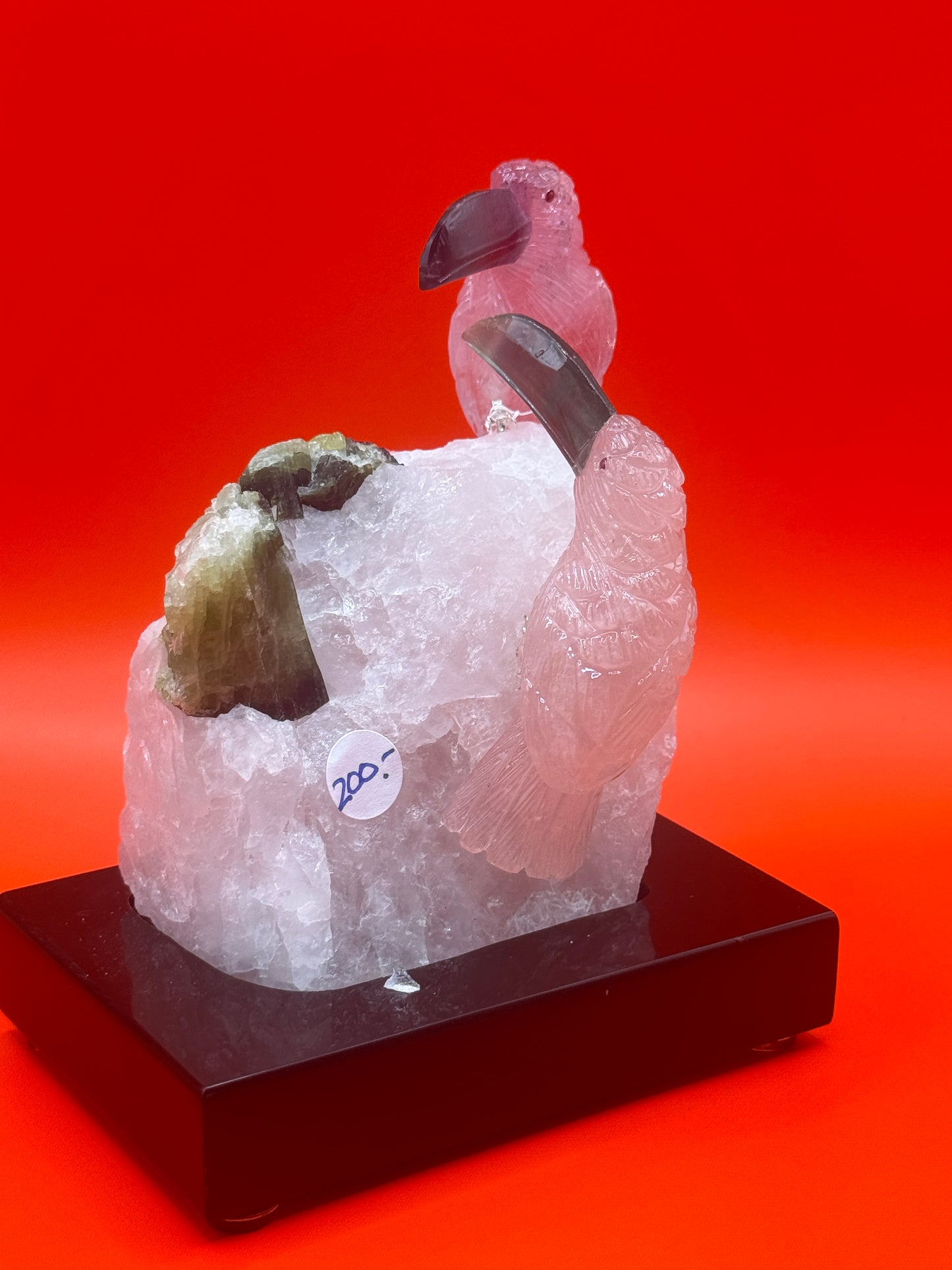 Rose Quartz And Amethyst Toucans On a Quartz cluster With Green Tourmaline Home Decor