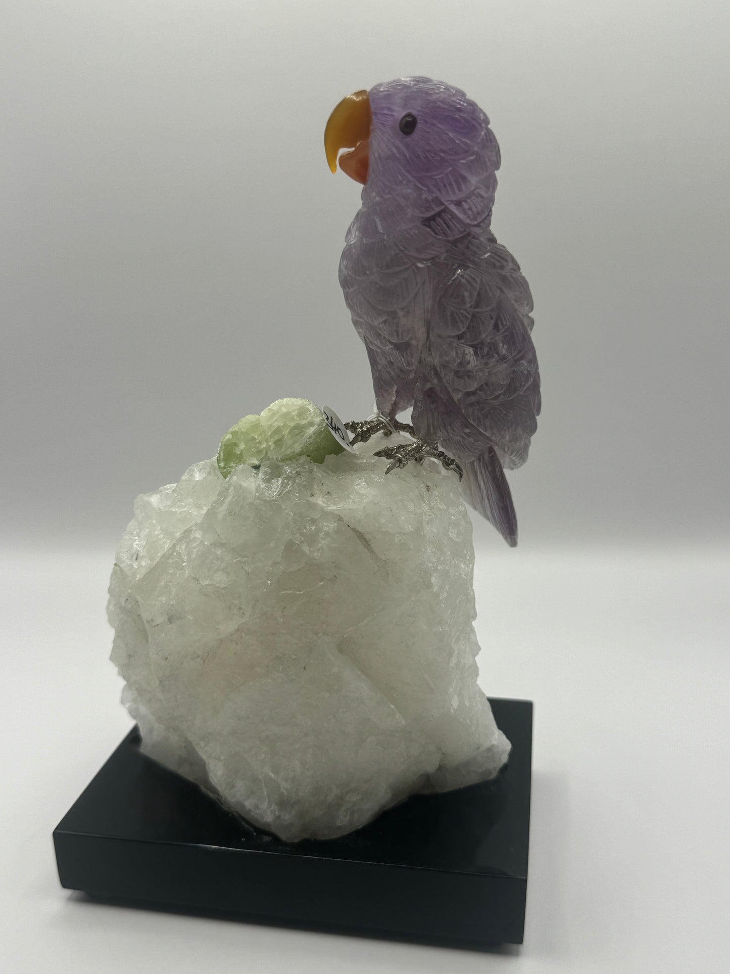 Amethyst Parrot On Quartz Cluster With Green Tourmaline Home Decor