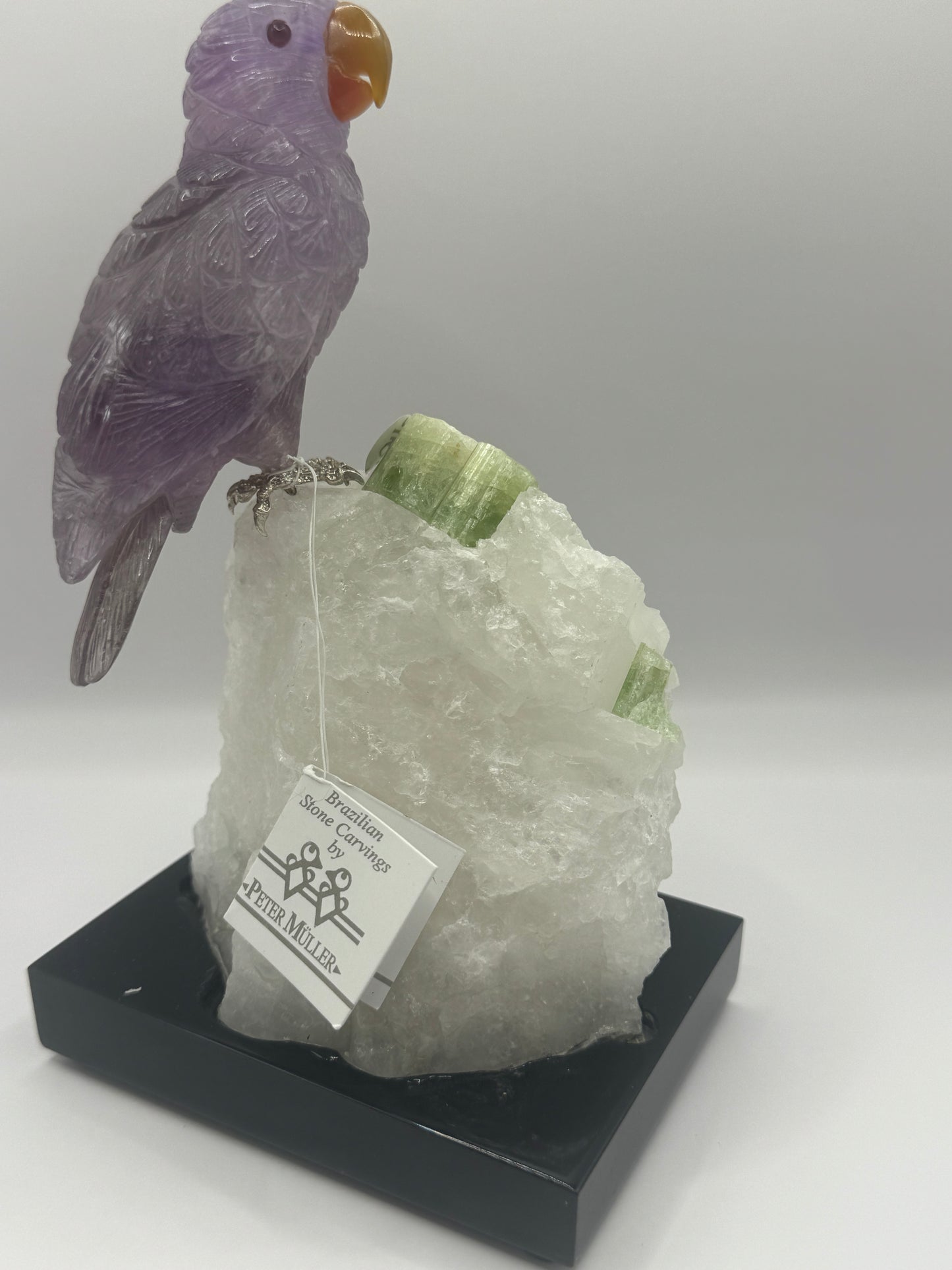 Amethyst Parrot On Quartz Cluster With Green Tourmaline Home Decor