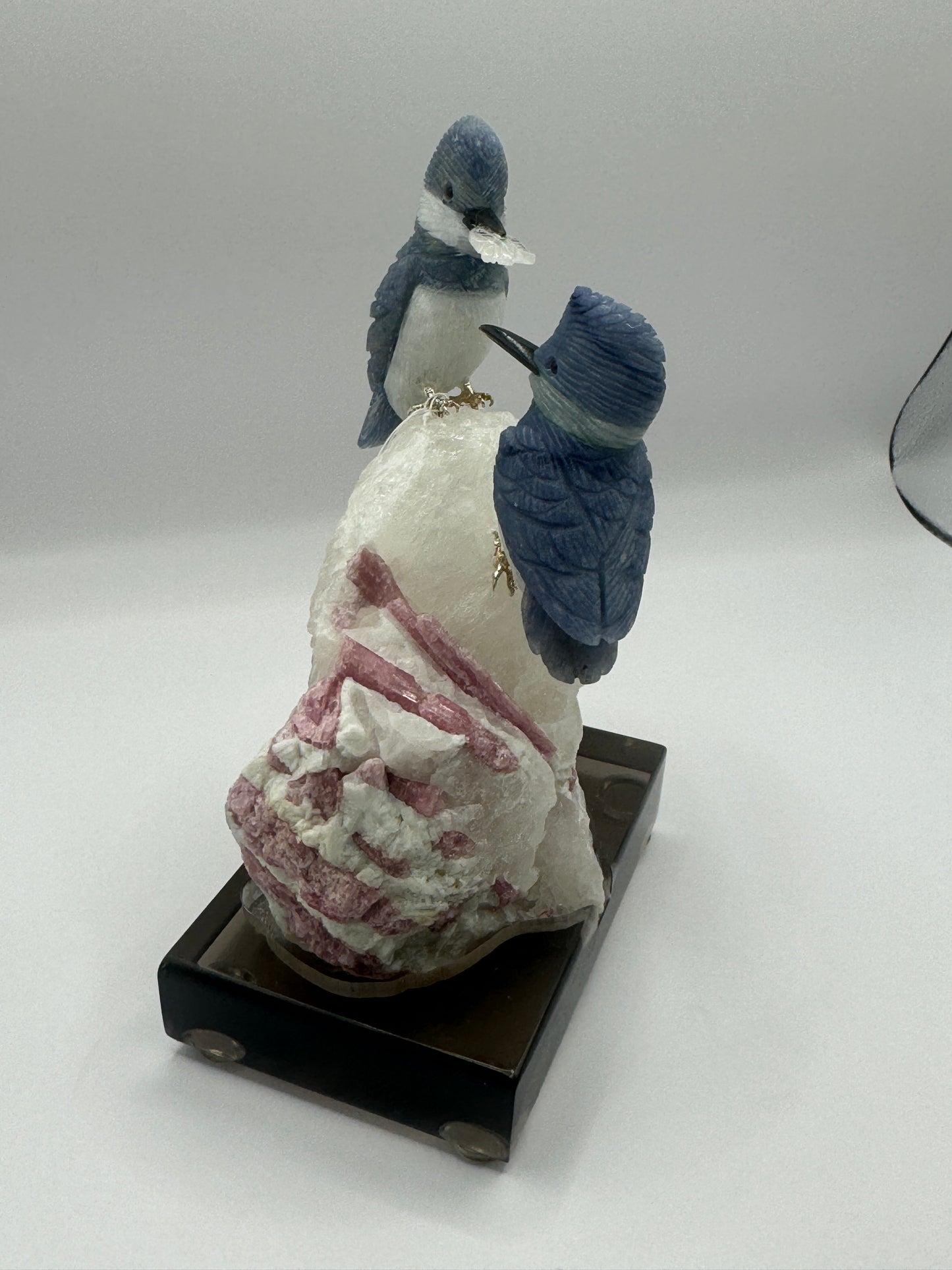Small Belted Kingfishers Made Of Dumortierite On Quartz Cluster With Pink Tourmaline Home Decor