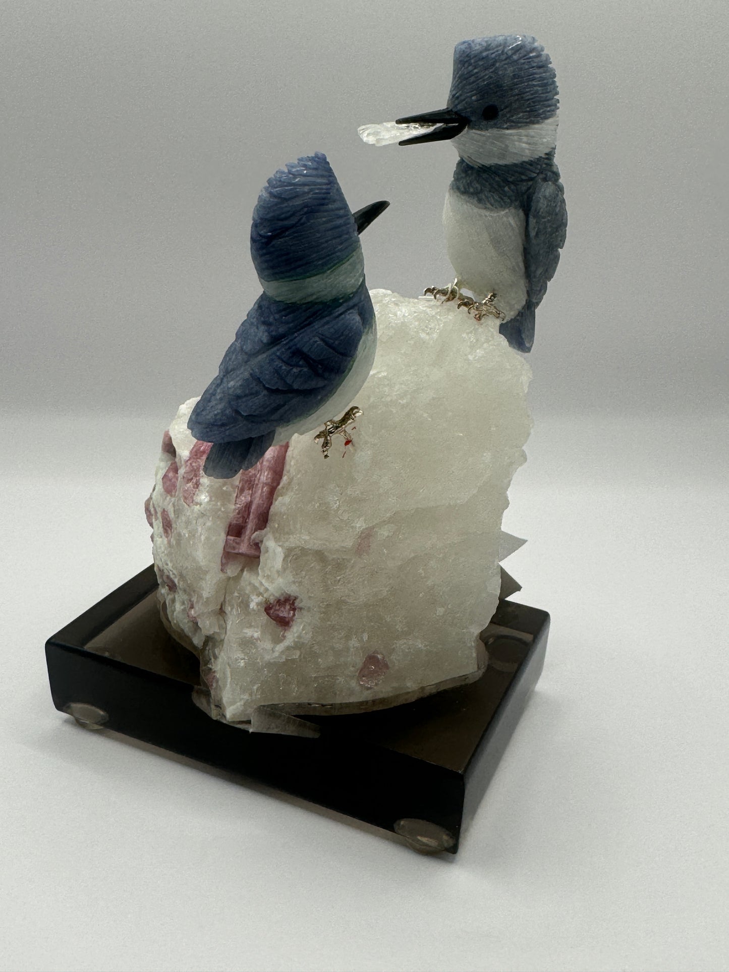 Small Belted Kingfishers Made Of Dumortierite On Quartz Cluster With Pink Tourmaline Home Decor