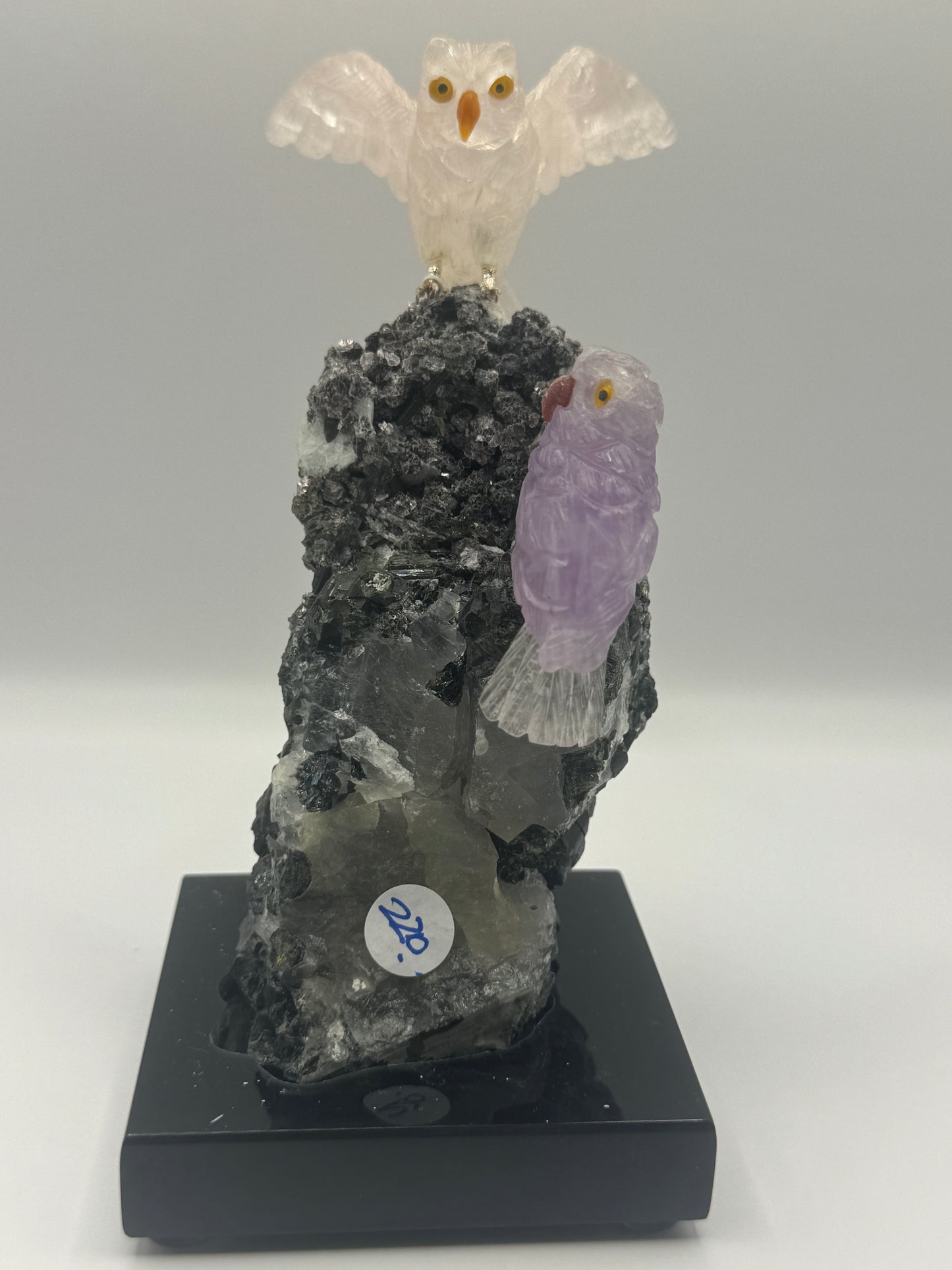 Rose Quartz and Amythyst Mini Owl On Hematite And Quartz Home Decor