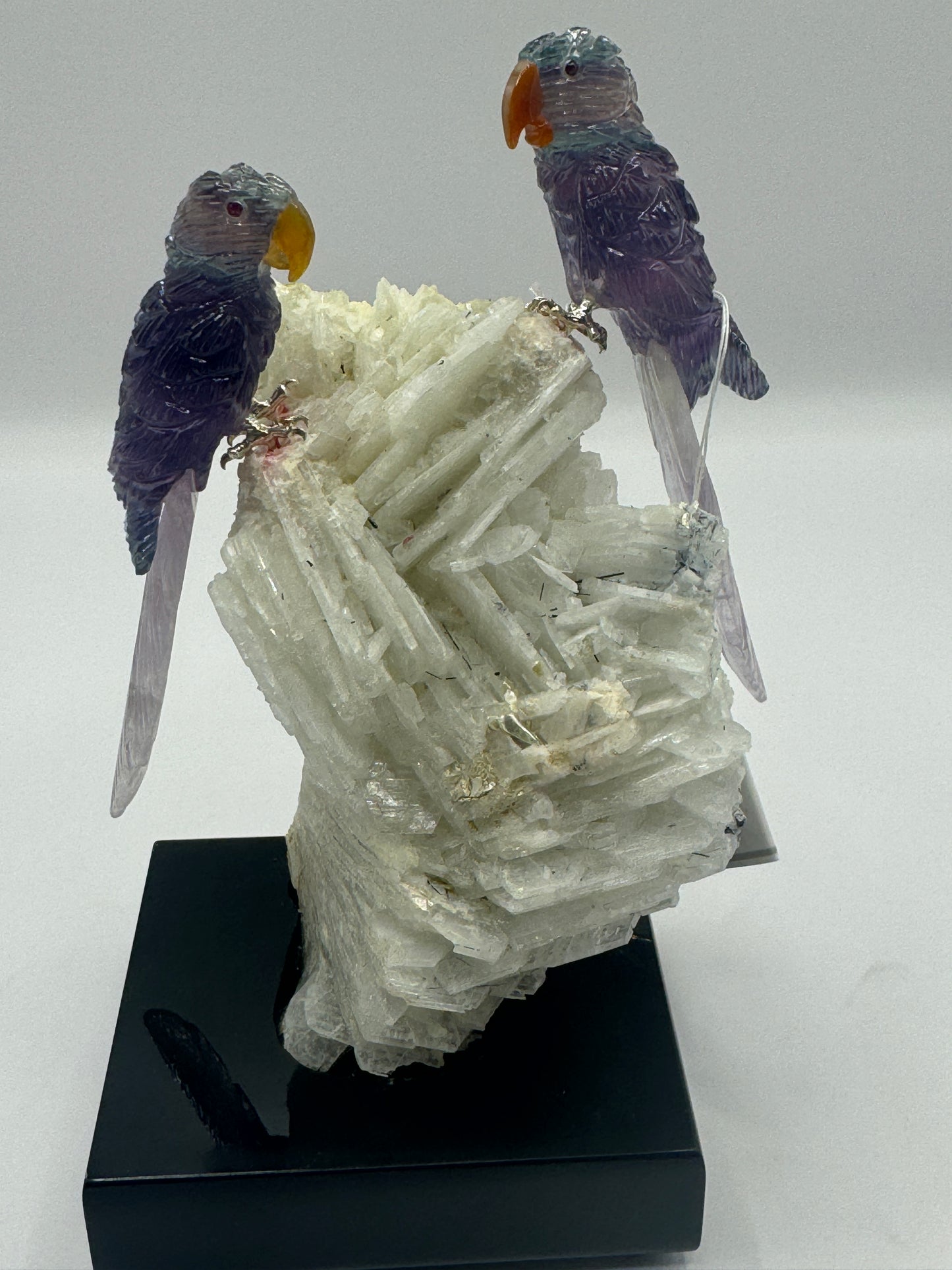 Purple Fluorite Mini Macaw Couple On White Fluorite Home Decor
