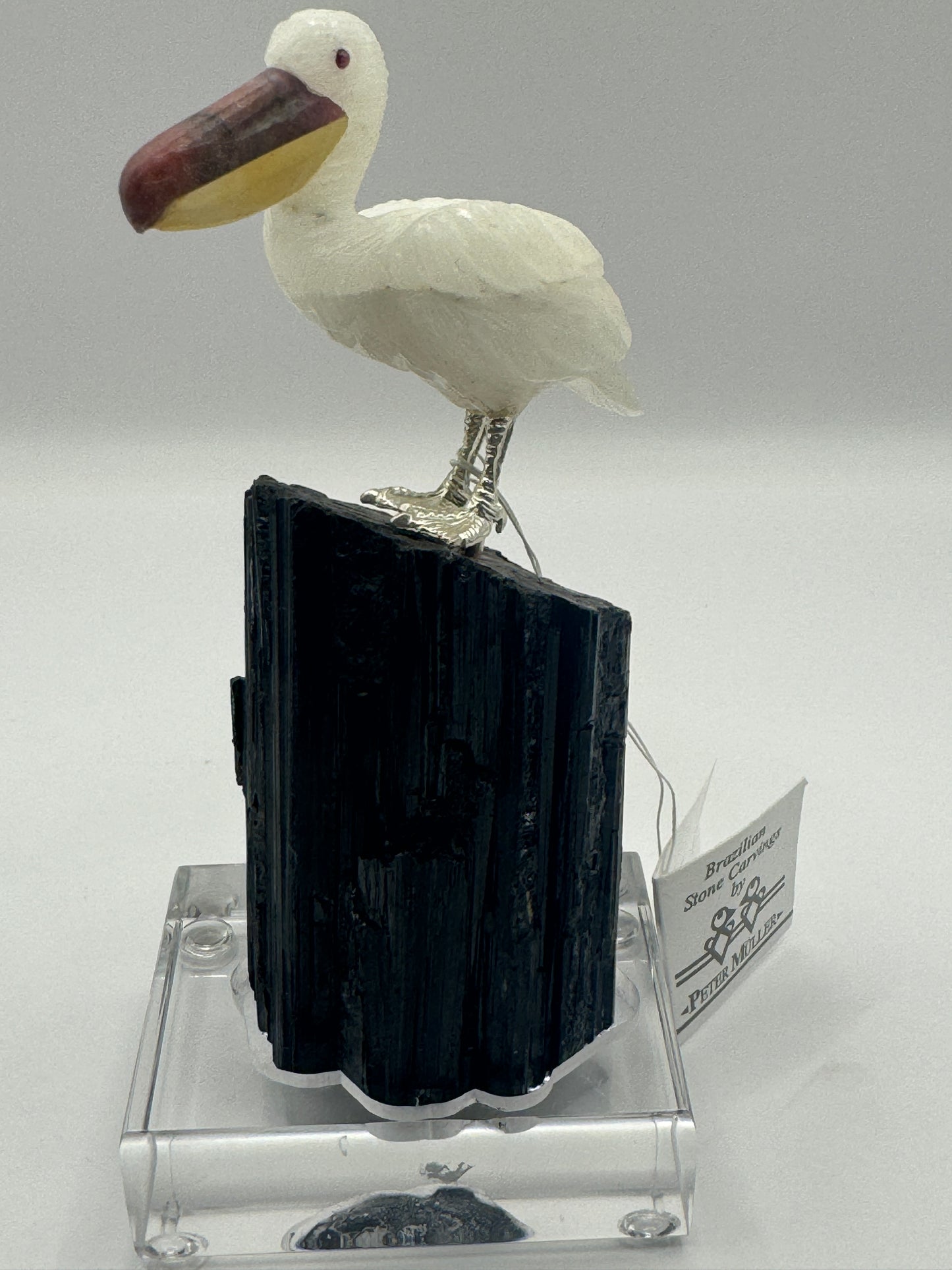 Small White Quartz Pelican On Black Tourmaline Home Decor