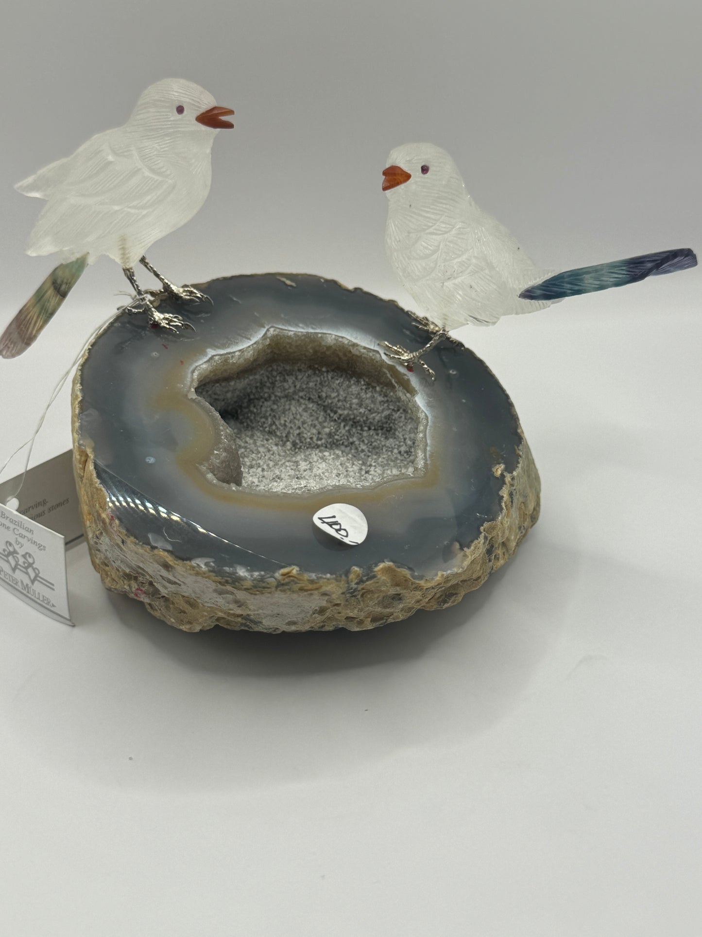 Small Crystal Quartz Sparrow Couple on Geode Base Home Decor