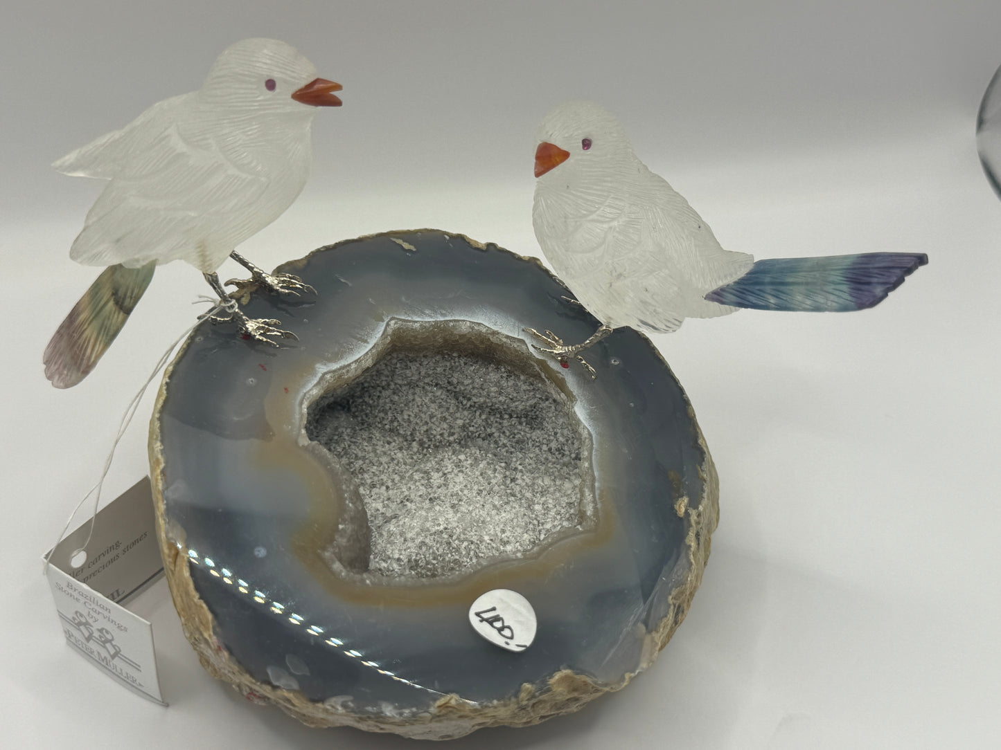 Small Crystal Quartz Sparrow Couple on Geode Base Home Decor