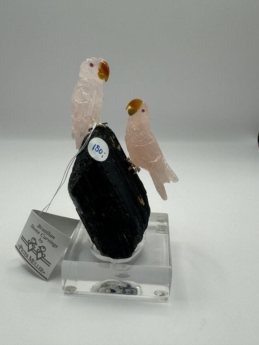 Rose Quartz Parrots On Black Tourmaline Home Decor
