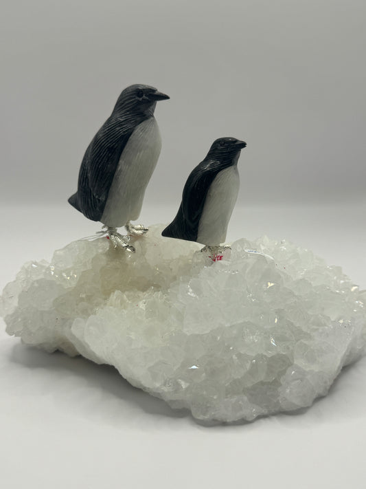 Obsidian Mother & Baby Penguin On Quartz Cluster Home Decor