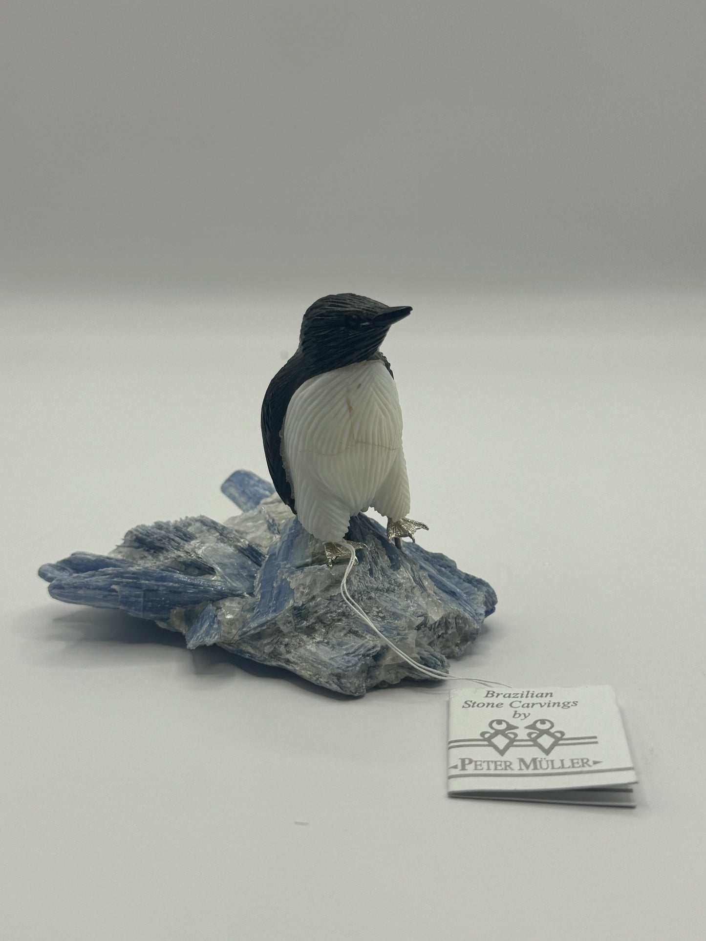 Mini Obsidian Penguin On Blue Kyanite Crystal Quartz Home Decor
