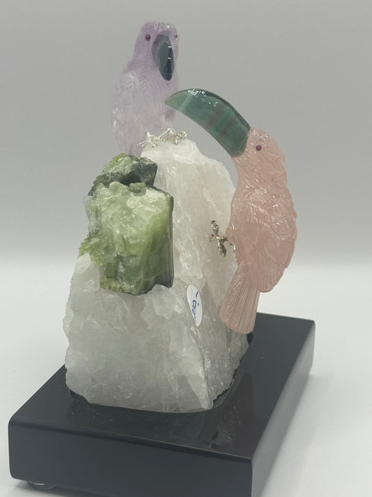 Rose Quartz And Amethyst Toucans On a Quartz cluster With Green Tourmaline Home Decor