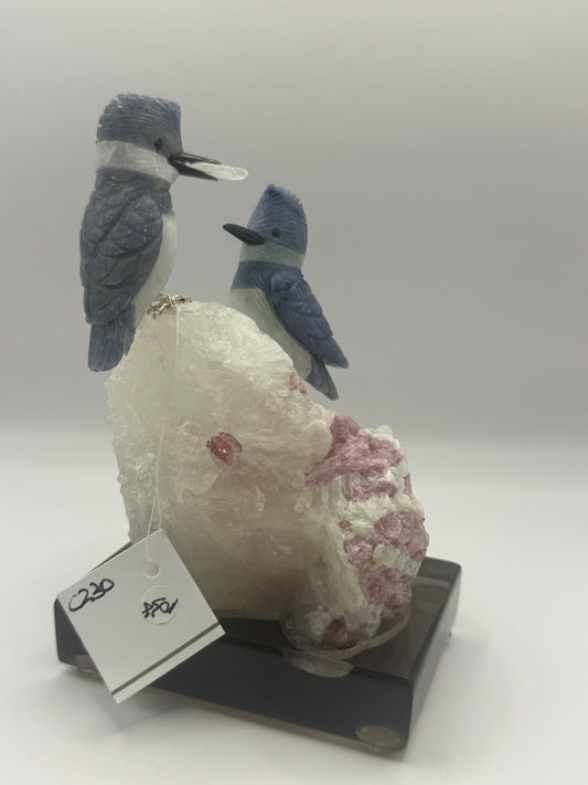 Small Belted Kingfishers Made Of Dumortierite On Quartz Cluster With Pink Tourmaline Home Decor
