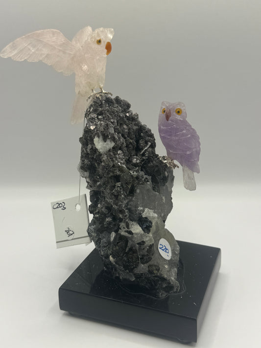 Rose Quartz and Amythyst Mini Owl On Hematite And Quartz Home Decor