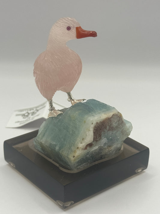 Rose Quartz Duck On Aquamarine Quartz Home Decor