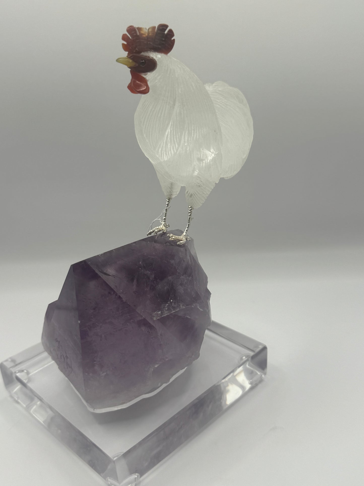Crystal Quartz Rooster On Amethyst Home Decor