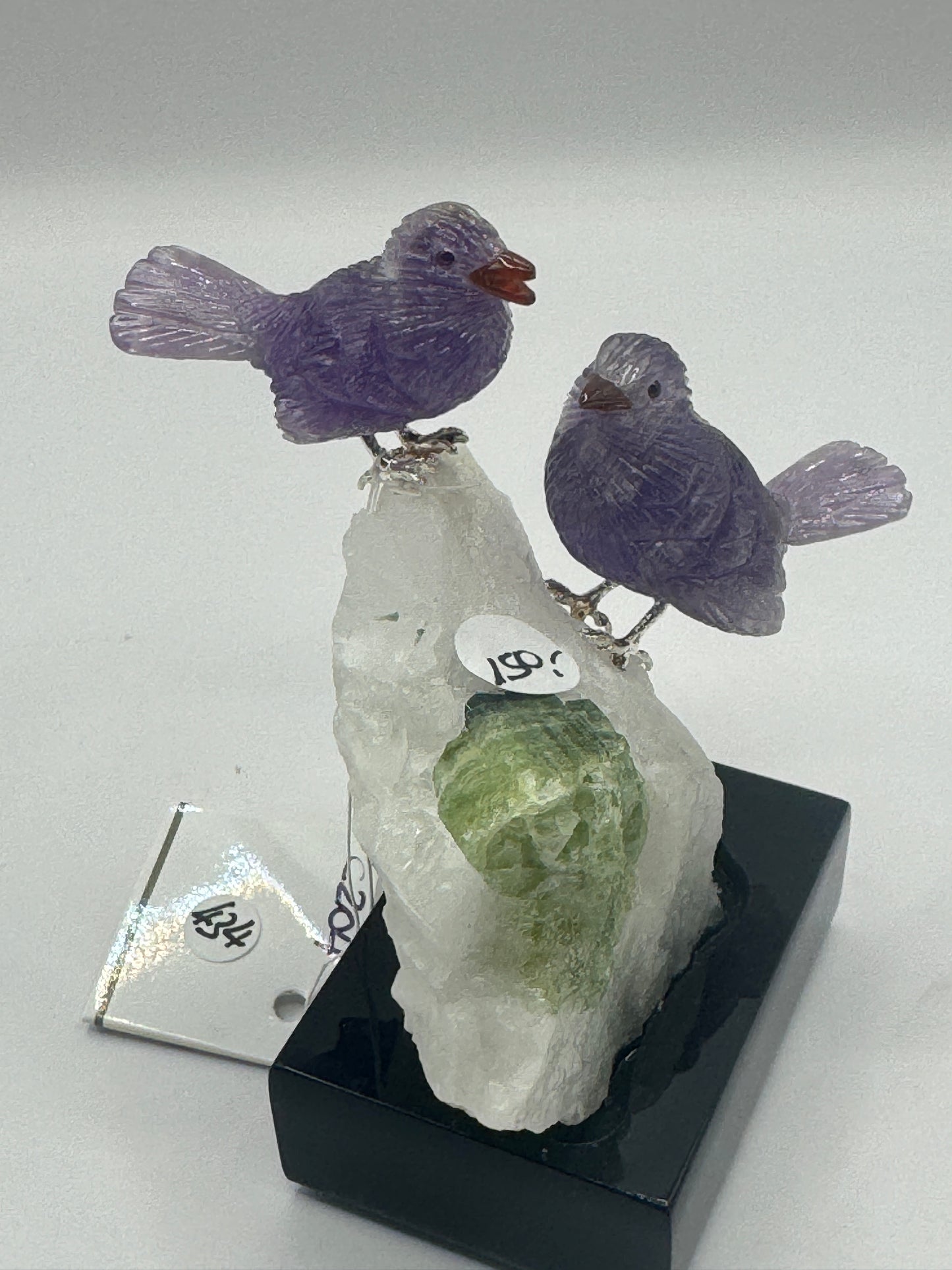 Amethyst Sparrow Couple On Quartz Cluster With Green Fluorite Home Decor