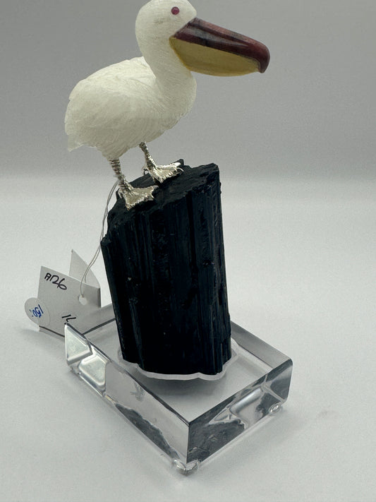 Small White Quartz Pelican On Black Tourmaline Home Decor