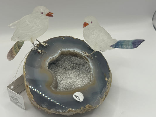 Small Crystal Quartz Sparrow Couple on Geode Base Home Decor