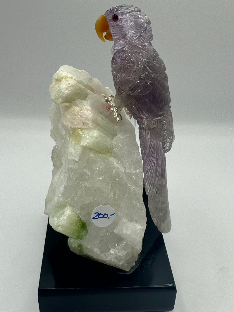 Amethyst Macaw On Quartz Crystal Cluster with Green Fluorite Home Decor